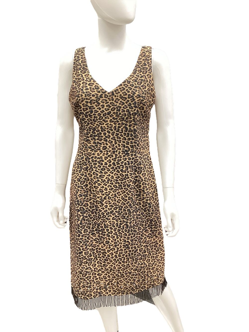 Mica Dress Women’s SZ 8 Animal Print Sheath Dress Beaded Fringes Studded Design